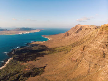 Scenic view of sea and mountains against sky