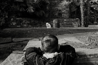 Rear view of man sitting outdoors