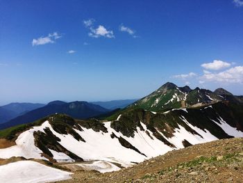 Snow covered mountain range against cloudy sky