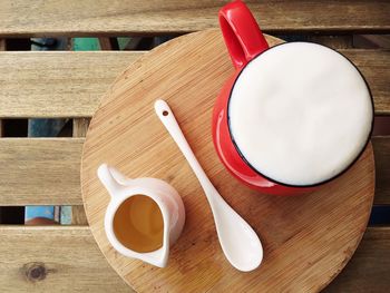 High angle view of coffee cup on table