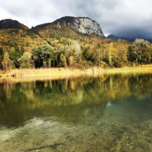 Scenic view of lake by trees against sky