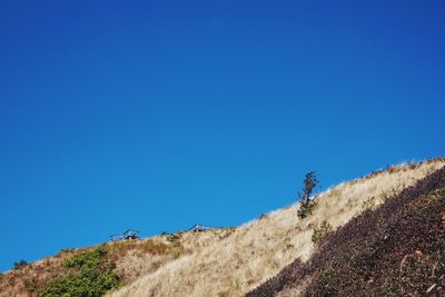 Low angle view of mountain against clear blue sky