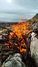 Close-up of fire on log against sky