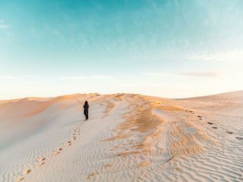 Rear view of man standing in desert against sky