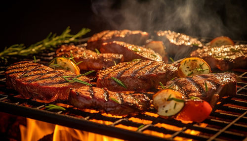 Close-up of meat on barbecue grill