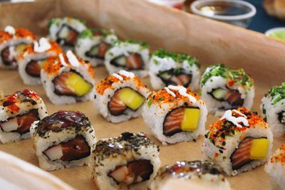 Close-up of sushi served in plate