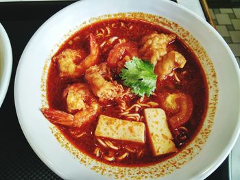 High angle view of soup in bowl on table