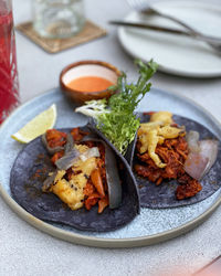 High angle view of breakfast served in plate