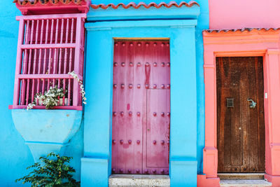 Closed blue door of building