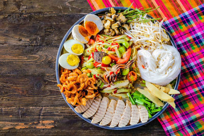 High angle view of food served on table