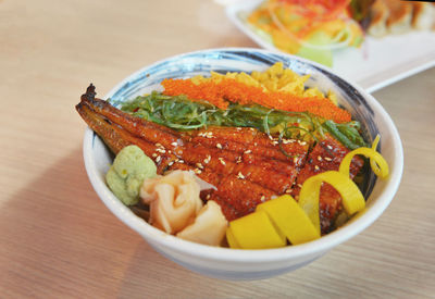 High angle view of food in plate on table