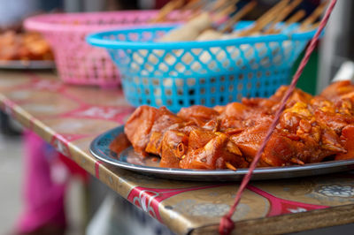 Close-up of meat in plate on table