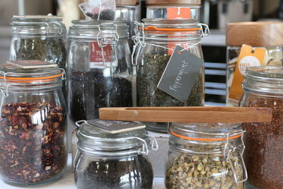 Close-up of preservatives in jars