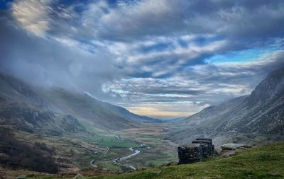 Scenic view of mountains against cloudy sky