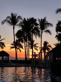 Silhouette trees by swimming pool against sky during sunset