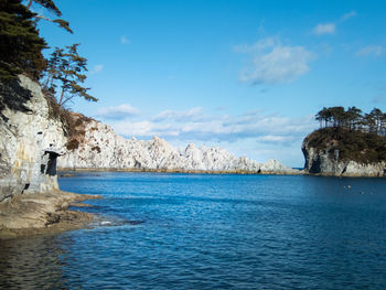 Scenic view of sea against blue sky