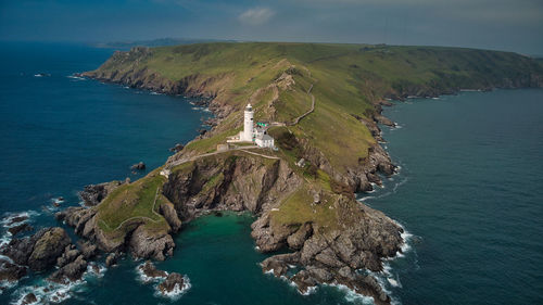 High angle view of a lighthouse. sea against sky