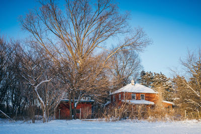Bare tree and house against clear sky during winter
