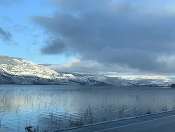 Scenic view of lake by snowcapped mountains against sky