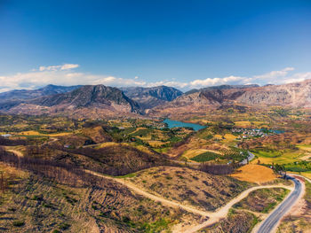 High angle scenic view of the tauras mountain range in turkey with manavgat lake below