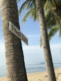 Information sign on tree trunk by sea