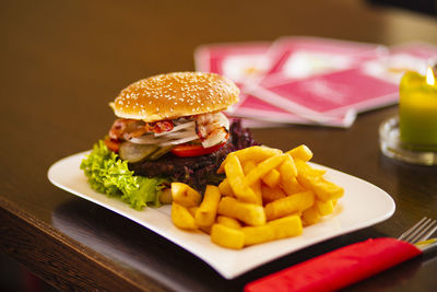 Close-up of burger on table