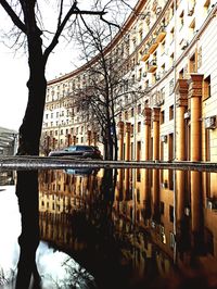 Reflection of bare trees and buildings in canal