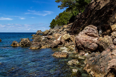 Rock formation in sea against sky