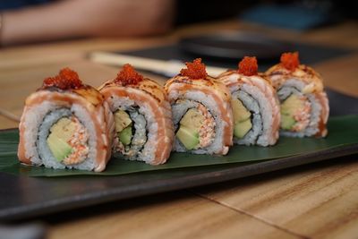 Close-up of sushi served on table