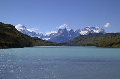 Scenic view of lake and mountains against blue sky