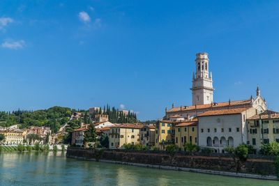 River amidst buildings against blue sky