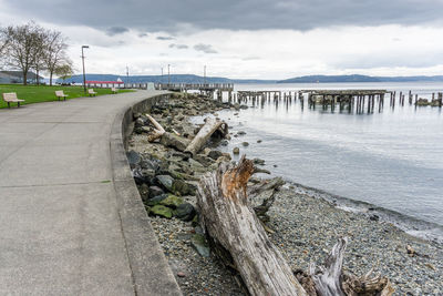 Pilings shoreline landscape in ruston, washington.