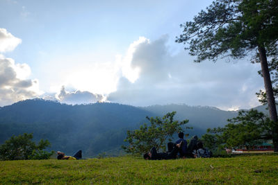 Panoramic view of trees on field against sky