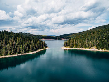 Scenic view of lake by trees against sky