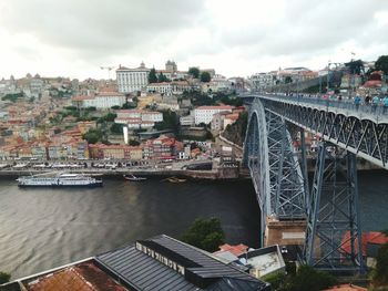 Bridge over river by cityscape