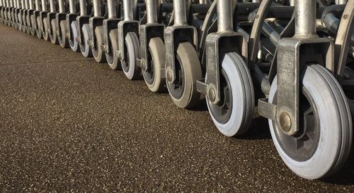 Shopping trolley wheels in rows