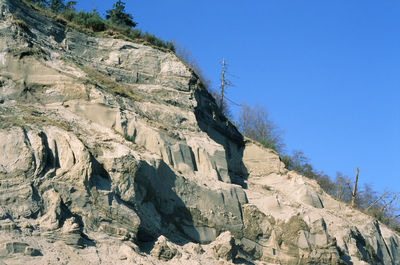 Low angle view of rock formation against clear blue sky