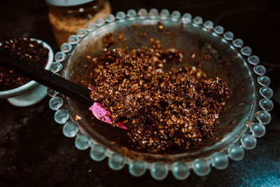 High angle view of cake in bowl on table