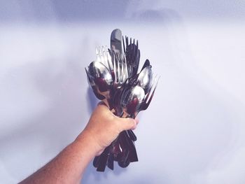 Close-up of man holding hands over white background