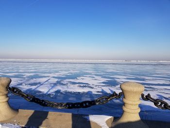 Scenic view of sea against clear blue sky