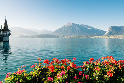 Scenic view of sea and mountains against clear blue sky