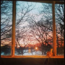 Bare trees against sky at sunset