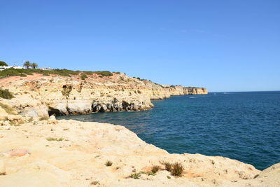 Scenic view of sea against clear blue sky