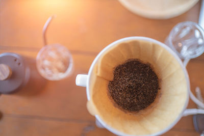 High angle view of coffee on table