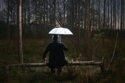 Rear view of mid adult man with umbrella sitting against trees in forest during sunset