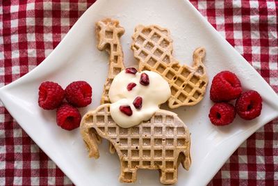 Directly above view of dessert in plate on table