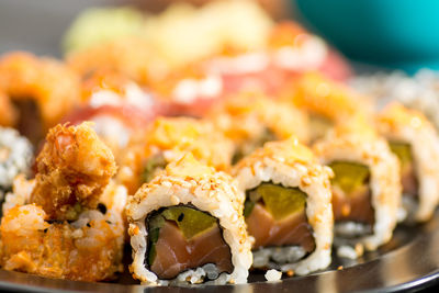 Close-up of sushi served in plate