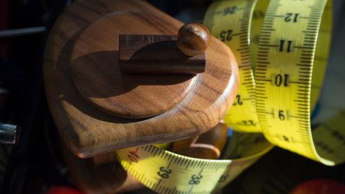 High angle view of mannequin on wood