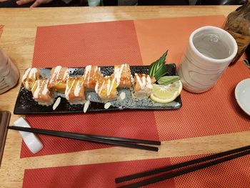 High angle view of sushi served on table