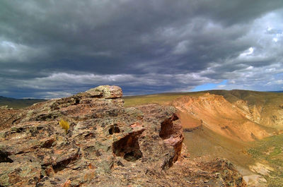 Rock formations on landscape against sky